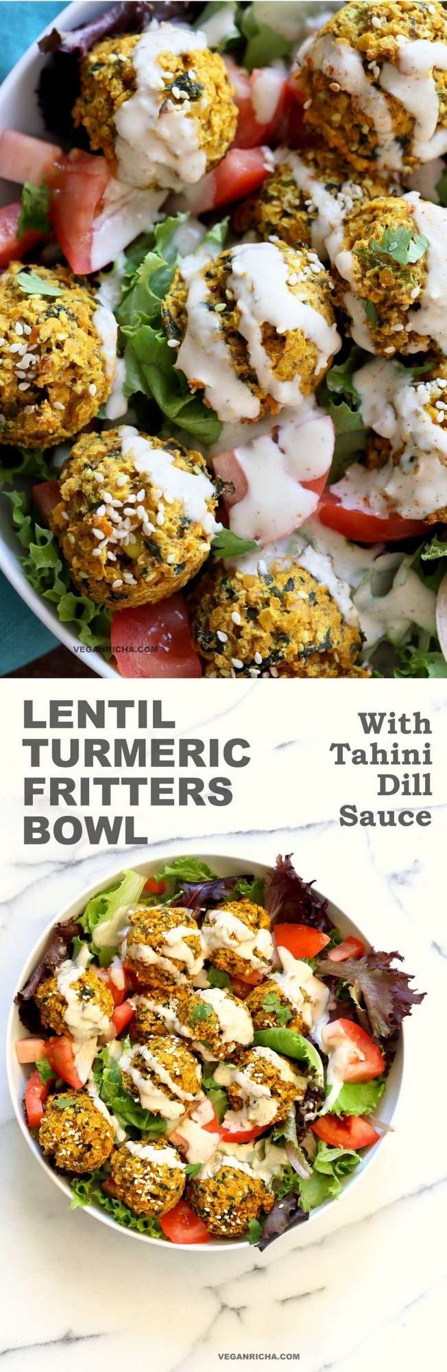 Turmeric Lentil Fritters Tomato Greens Bowl with Tahini Dill Sauce. Baked Seedy Golden Lentil fritters with greens, tomatoes and a tahini sauce make an easy Lunch bowl. #Vegan #Nutfree #Soyfree #Recipe. Easily #Glutenfree #veganricha | VeganRicha.com