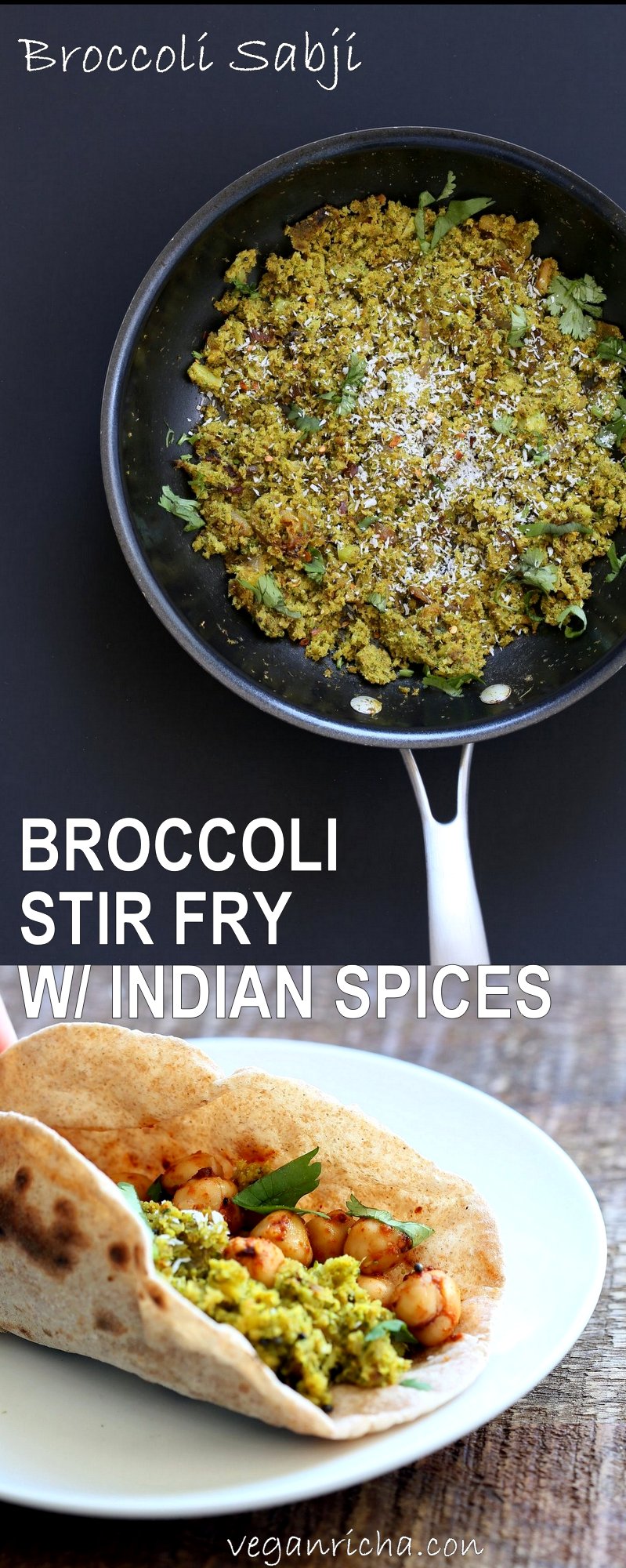 Broccoli Stir fry with Indian Spices - Broccoli Sabji with mustard seeds, coriander, fenugreek, turmeric and cinnamon. 1 pot, 20 mins.Vegan Gluten-free Soy-free Broccoli Recipe. Serve as a side, or with dal, or fill up a taco or wrap.