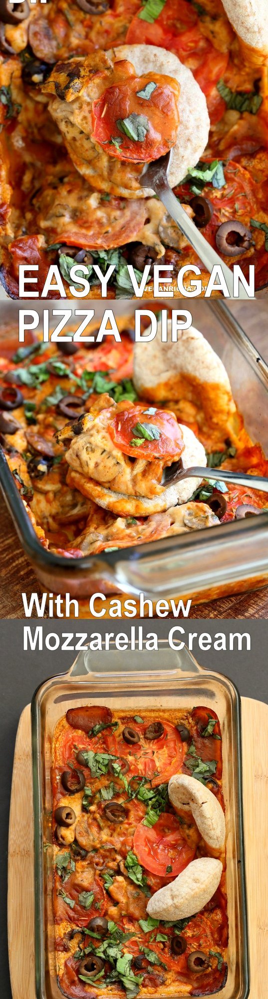 Vegan Pizza Dip. Easy Pizza Dip with sauteed mushrooms, olives, pizza sauce and from scratch Vegan Cashew Mozzarella cream sauce. Gluten-free Recipe. Can be soy-free. | VeganRicha.com