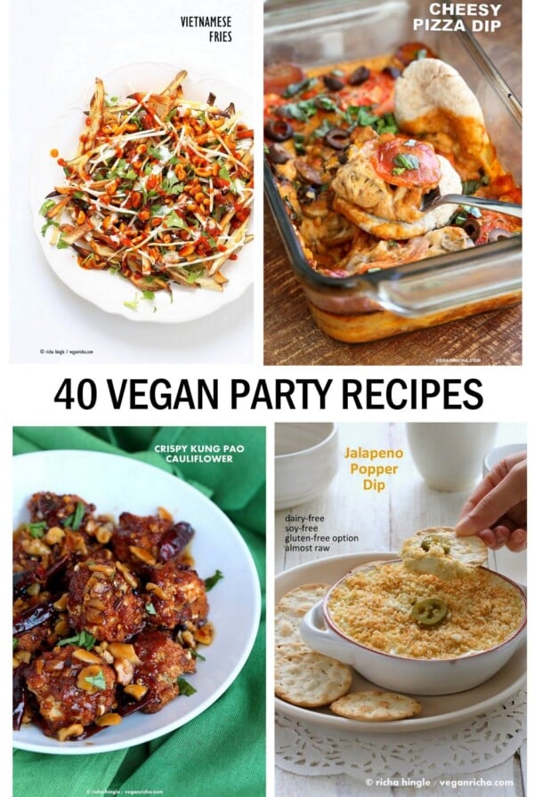 Vegan Party Food Recipes to impress the party. Appetizers, Dips, Finger Food for the Super bowl Party or other get together. Gluten-free and Soy-free Options #vegan #veganricha VeganRicha.com