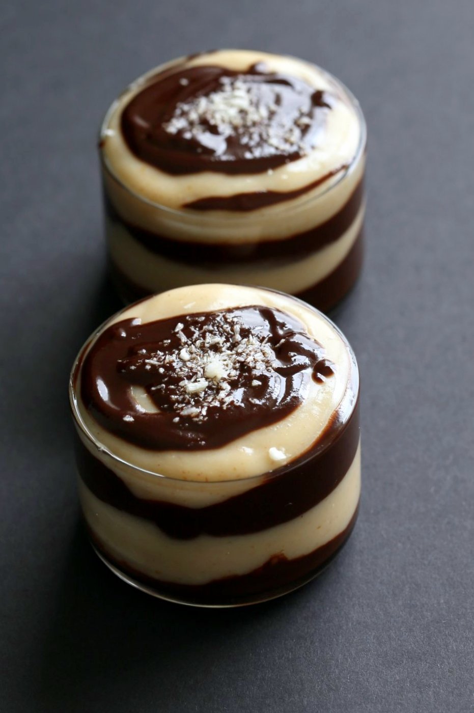 Vegan Boston Cream Pie Pudding Parfaits. Creamy Almond flavored pudding layered with smooth chocolate. Serve as pudding cups or add other layers of vanilla wafers or vanilla sponge cake to make Parfaits. Vegan Soy-free Recipe. Can be made nut-free. | VeganRicha.com