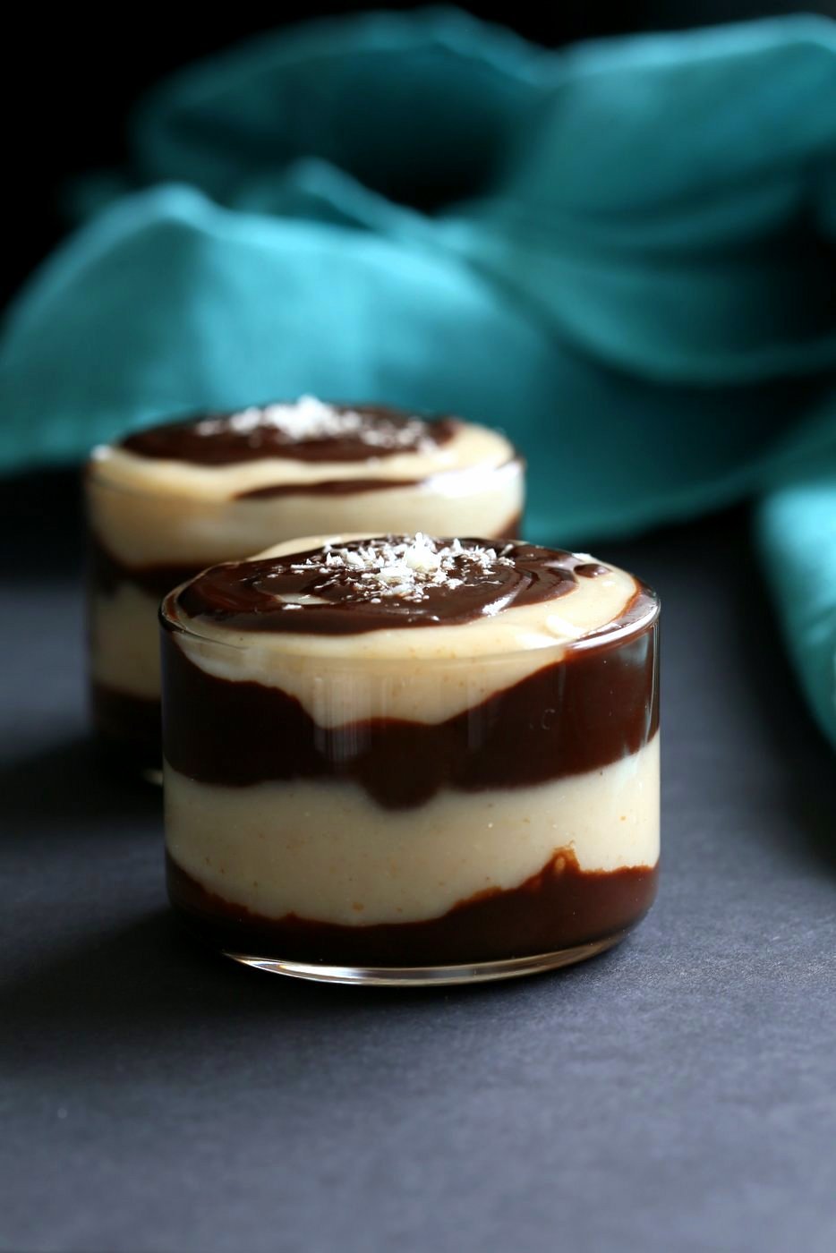 Boston Cream Pie Pudding Parfaits. Creamy Almond flavored pudding layered with smooth chocolate. Serve as pudding cups or add other layers of vanilla wafers or vanilla sponge cake to make Parfaits. Vegan Soy-free Recipe. Can be made nut-free. | VeganRicha.com