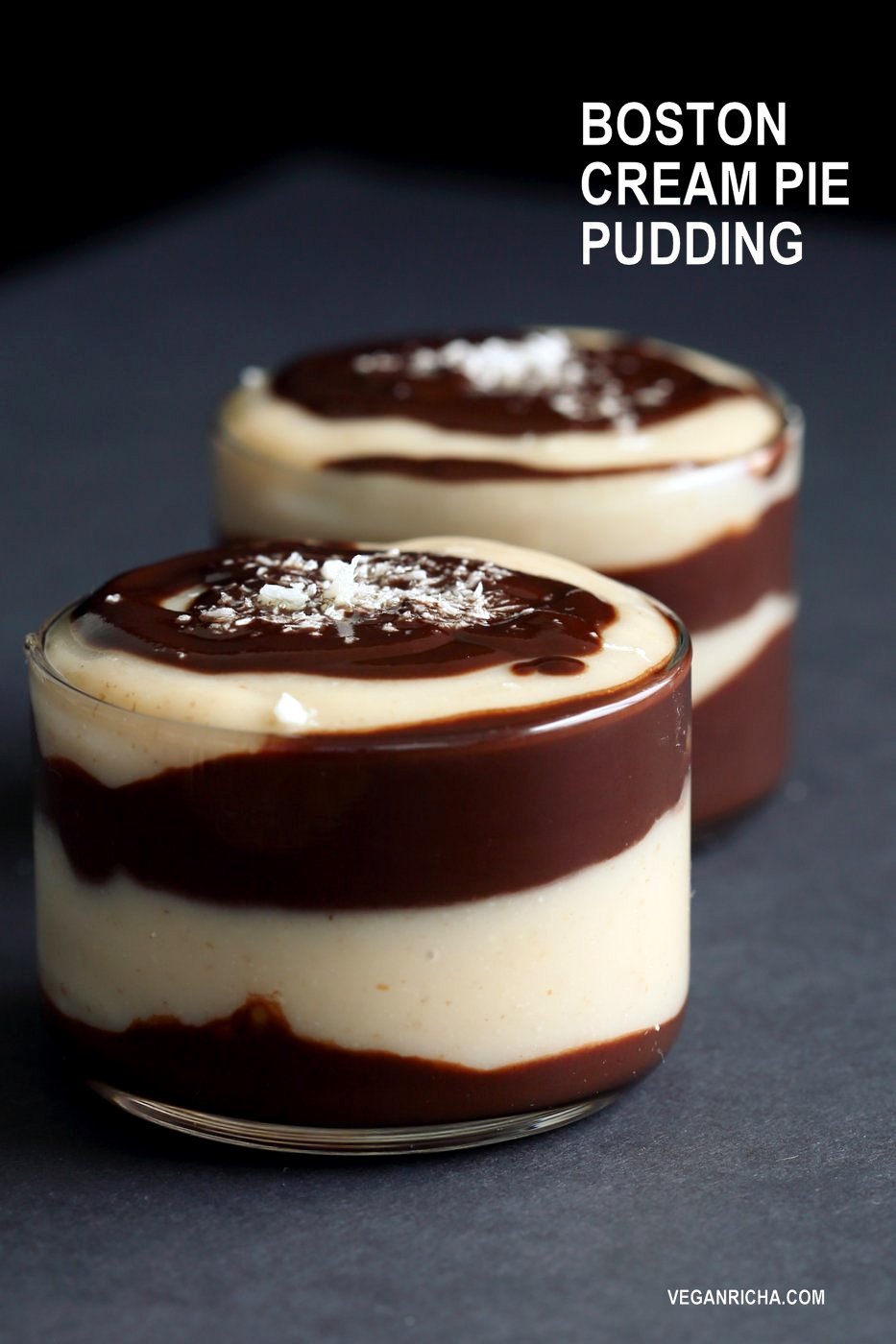 Boston Cream Pie Pudding Parfaits. Creamy Almond flavored pudding layered with smooth chocolate. Serve as pudding cups or add other layers of vanilla wafers or vanilla sponge cake to make Parfaits. Vegan Soy-free Recipe. Can be made nut-free. | VeganRicha.com