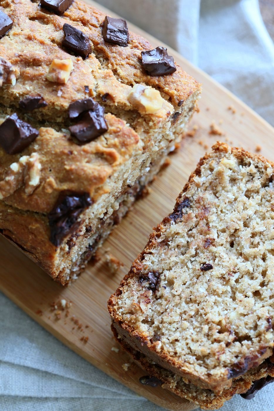 Vegan Banana Bread with Walnuts. Classic super moist Banana bread with toasted nuts and coconut. No Palm oil. #Vegan #Recipe #veganricha | VeganRicha.com.