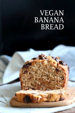 Vegan Banana Bread with Walnuts. Classic super moist Banana bread with toasted nuts and coconut. No Palm oil. #Vegan #Recipe #veganricha | VeganRicha.com.