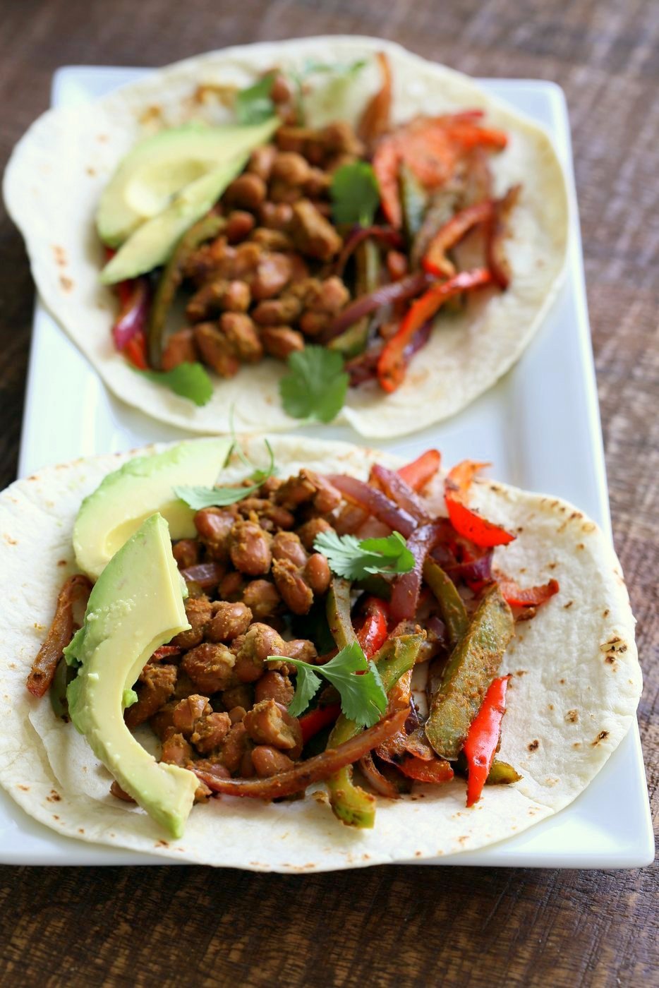 Easy Vegan Fajitas. Veggie Pinto Bean Fajita Tacos with Cilantro Chile Marinade. Amazing Fajita Marinade for veggies and Beans. Vegan Gluten-free Soy-free Vegetarian Fajita Recipe | VeganRicha.com