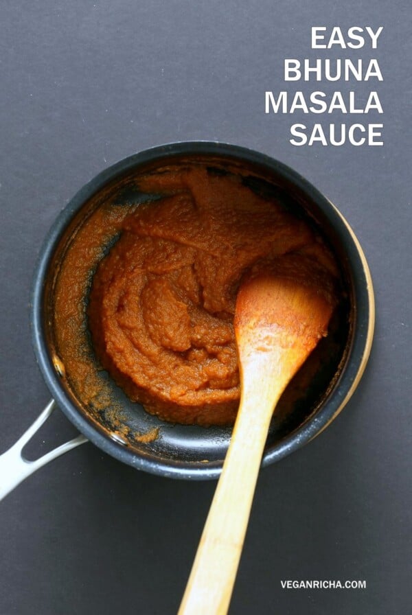 Easy Bhuna Masala Sauce for Indian curries. 1 Pot 30 Minute Masala Sauce. Bhuna means roasted. Use this roasted masala simmer sauce for quick curries. Add non dairy milk or cashew cream or yogurt. #Vegan #Glutenfree #Recipe #VeganRicha | VeganRicha.com