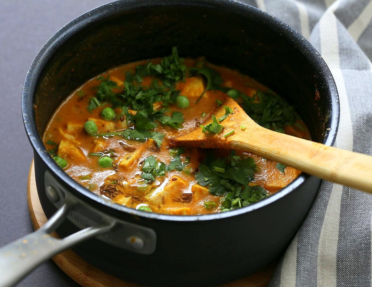 Tofu Matar Masala - Tofu Peas in Blender Masala Sauce. Curried Tofu and peas with a roasted cumin tempering. Vegan Matar Paneer. Gluten-free Recipe. Use chickpeas or veggies to make soy-free #vegan #veganricha #recipe | VeganRicha.com