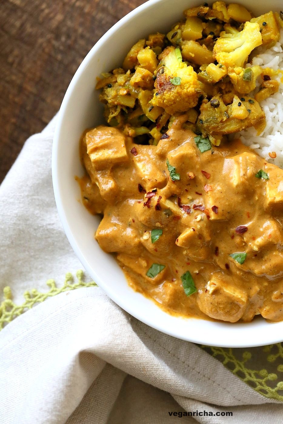 Tofu Matar Masala - Tofu Peas in Blender Masala Sauce. Curried Tofu and peas with a roasted cumin tempering. Vegan Matar Paneer. Gluten-free Recipe. Use chickpeas or veggies to make soy-free #vegan #veganricha #recipe | VeganRicha.com