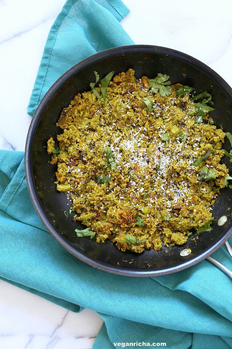 Broccoli Stir fry with Indian Spices - Broccoli Sabji with mustard seeds, coriander, fenugreek, turmeric and cinnamon. 1 pot, 20 mins. #Vegan #Glutenfree #Soyfree #Broccoli #Recipe. Serve as a side, or with dal, or fill up a taco or wrap. | VeganRicha.com