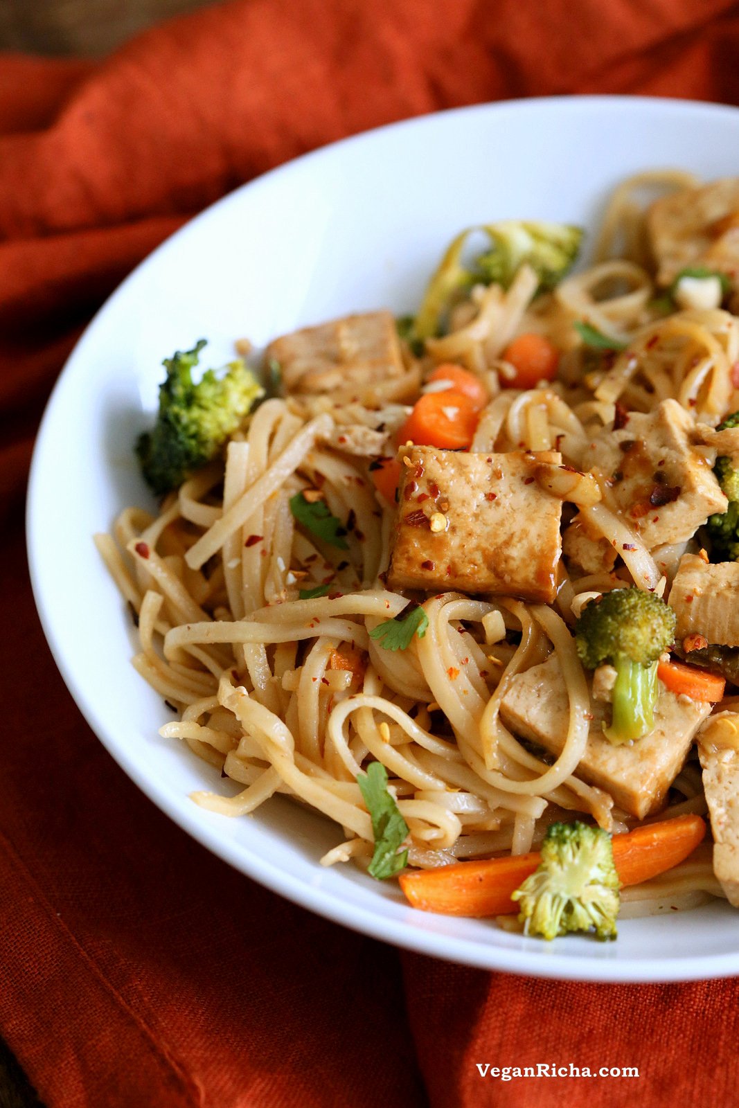 Tofu and Brown Rice Noodles in Hoisin Sauce. Vegan Hoisin Sauce Noodle Stir fry. Use more veggies to make tofu-free. Vegan Gluten-free Recipe | VeganRicha.com