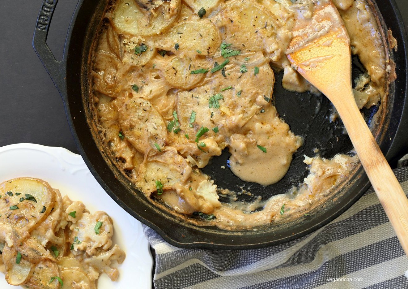 Vegan Scalloped Potatoes and Cauliflower with Jamaican Curry Spices. Curried Scalloped Potatoes. Vegan Potato Gratin. Easily made gluten-free. #vegan #soyfree #veganricha #recipe | VeganRicha.com