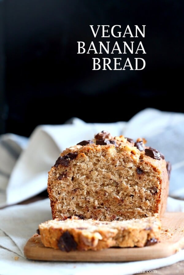 Vegan Banana Bread with Walnuts. Classic super moist Banana bread with toasted nuts and coconut. No Palm oil. #Vegan #Recipe #veganricha | VeganRicha.com.