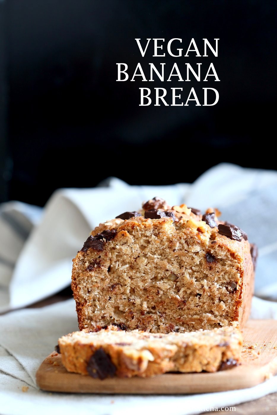 Vegan Banana Bread with Walnuts. Classic super moist Banana bread with toasted nuts and coconut. No Palm oil. 1 Bowl #Vegan #Recipe #veganricha | VeganRicha.com.