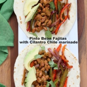 Veggie Pinto Bean Fajita Tacos with Cilantro Chile Marinade. Amazing Fajita Marinade for veggies and Beans. Vegan Gluten-free Soy-free Vegetarian Fajita Recipe | VeganRicha.com