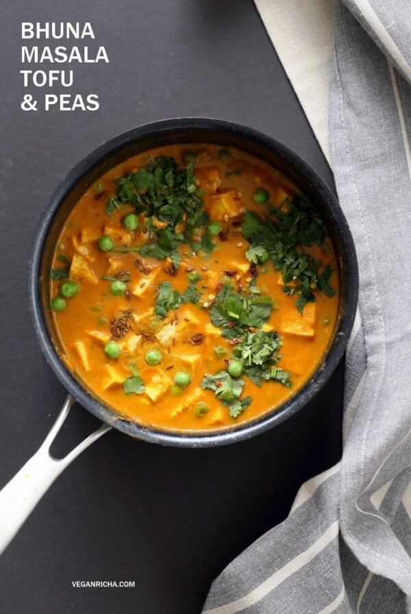 Tofu Matar Masala - Tofu Peas in Blender Masala Sauce. Curried Tofu and peas with a roasted cumin tempering. Vegan Matar Paneer. Gluten-free Recipe. Use chickpeas or veggies to make soy-free #vegan #veganricha #recipe | VeganRicha.com
