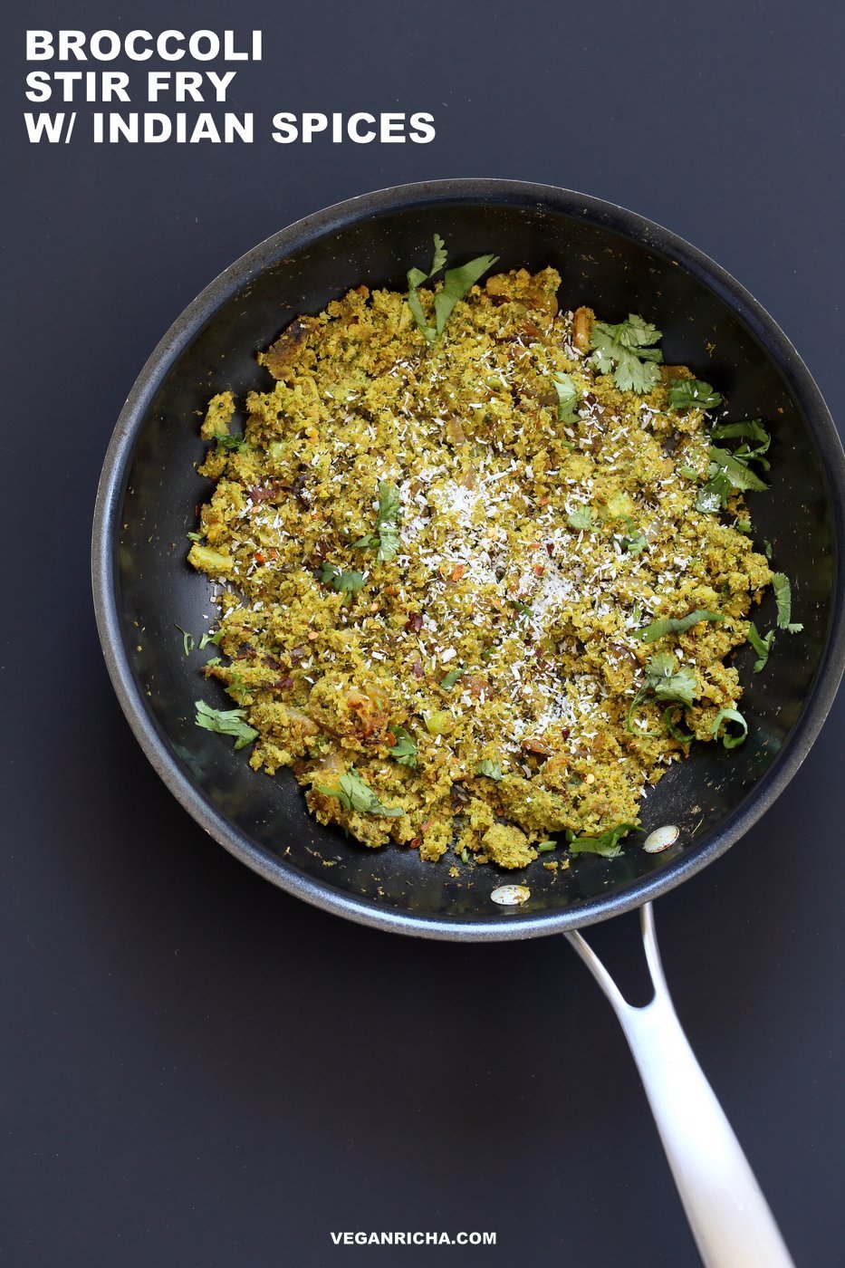 Broccoli Stir fry with Indian Spices - Broccoli Sabji with mustard seeds, coriander, fenugreek, turmeric and cinnamon. 1 pot, 20 mins. #Vegan #Glutenfree #Soyfree #Broccoli #Recipe. Serve as a side, or with dal, or fill up a taco or wrap. | VeganRicha.com