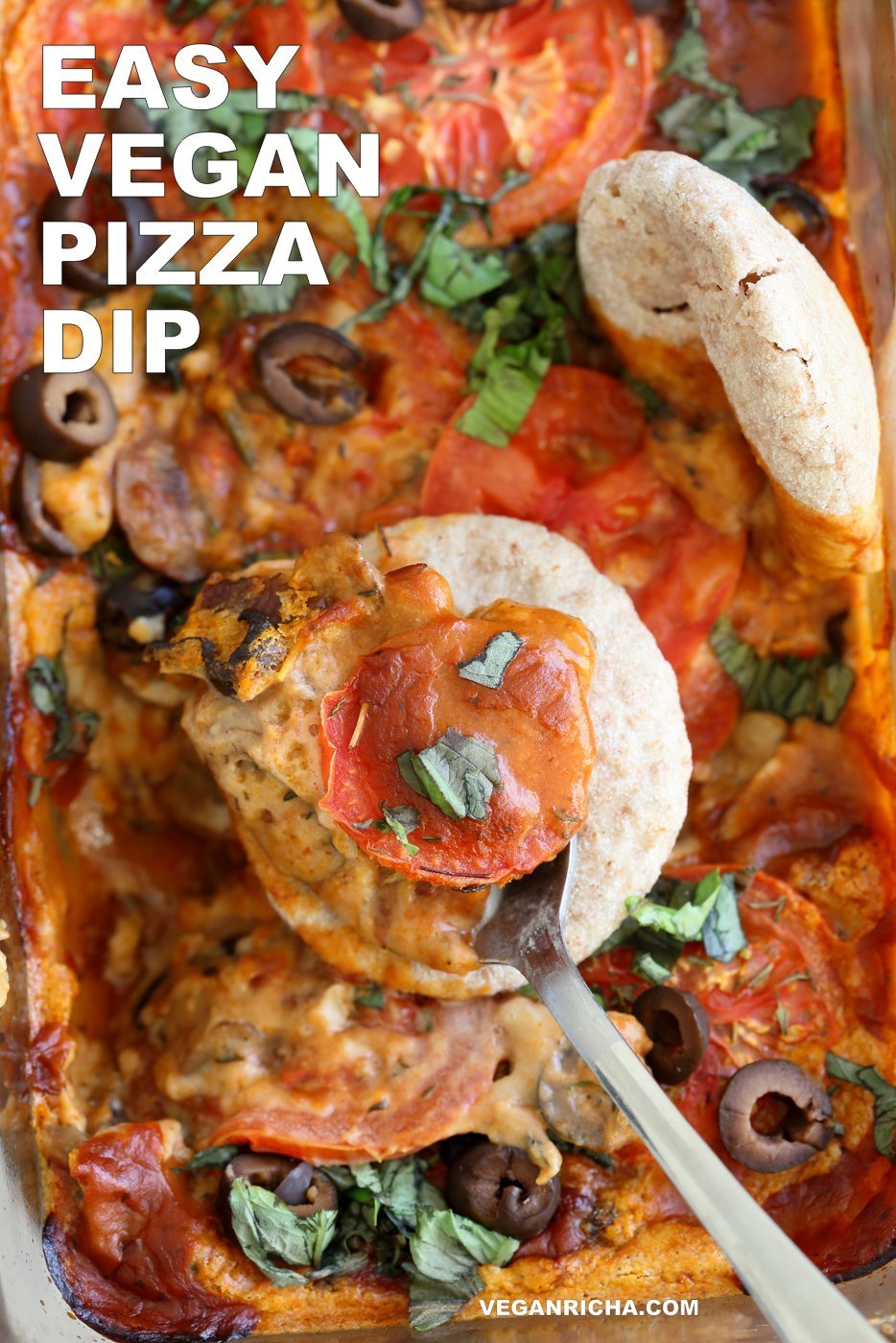 Vegan Pizza Dip. Easy Pizza Dip with sauteed mushrooms, olives, pizza sauce and from scratch Vegan Cashew Mozzarella cream sauce. #Vegan #VeganRicha #Glutenfree #Recipe. Can be #soyfree | VeganRicha.com