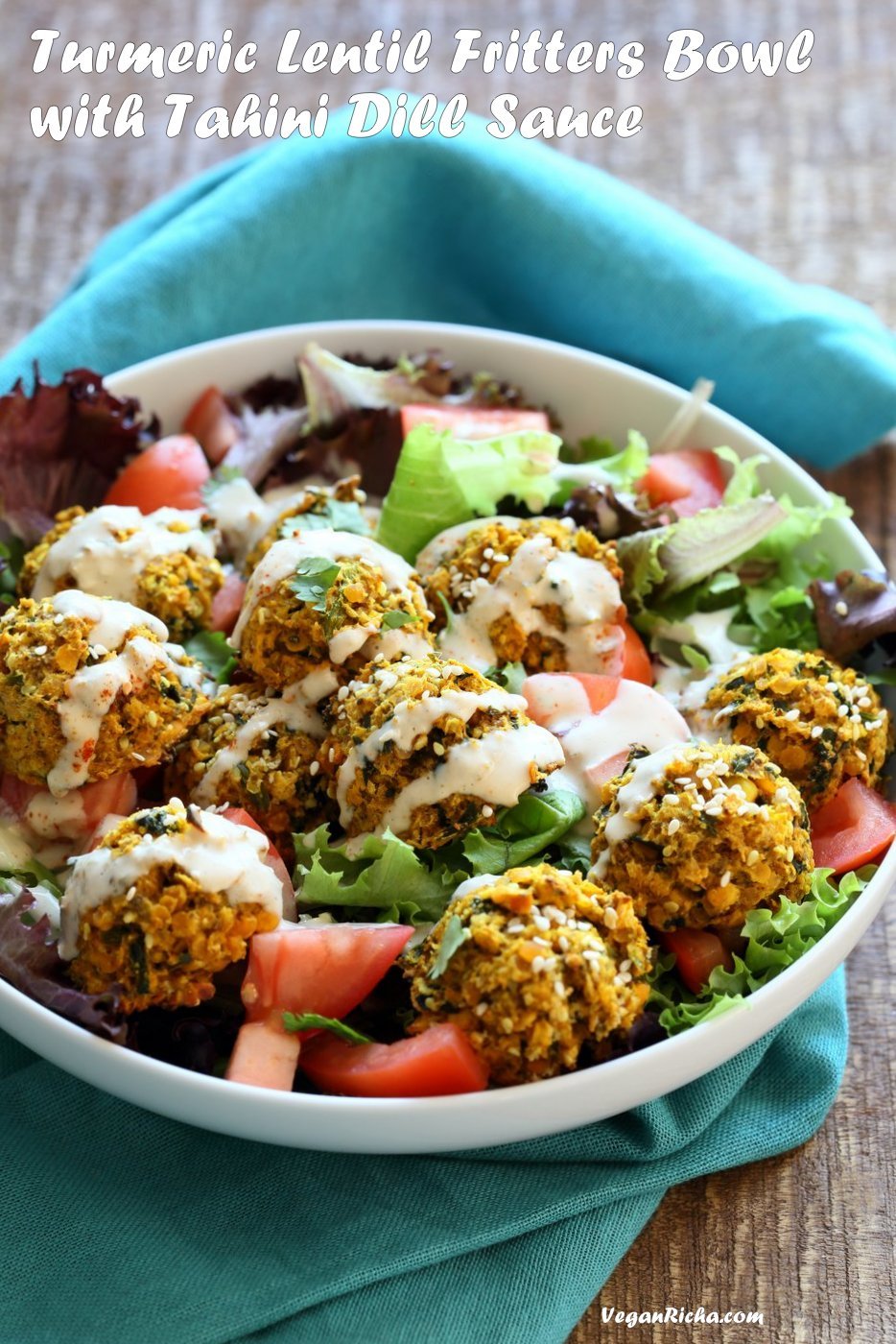 Turmeric Lentil Fritters Tomato Greens Bowl with Tahini Dill Sauce. Baked Seedy Golden Lentil fritters with greens, tomatoes and a tahini sauce make an easy Lunch bowl. Vegan Nut-free Soy-free Recipe. Easily Glutenfree | VeganRicha.com