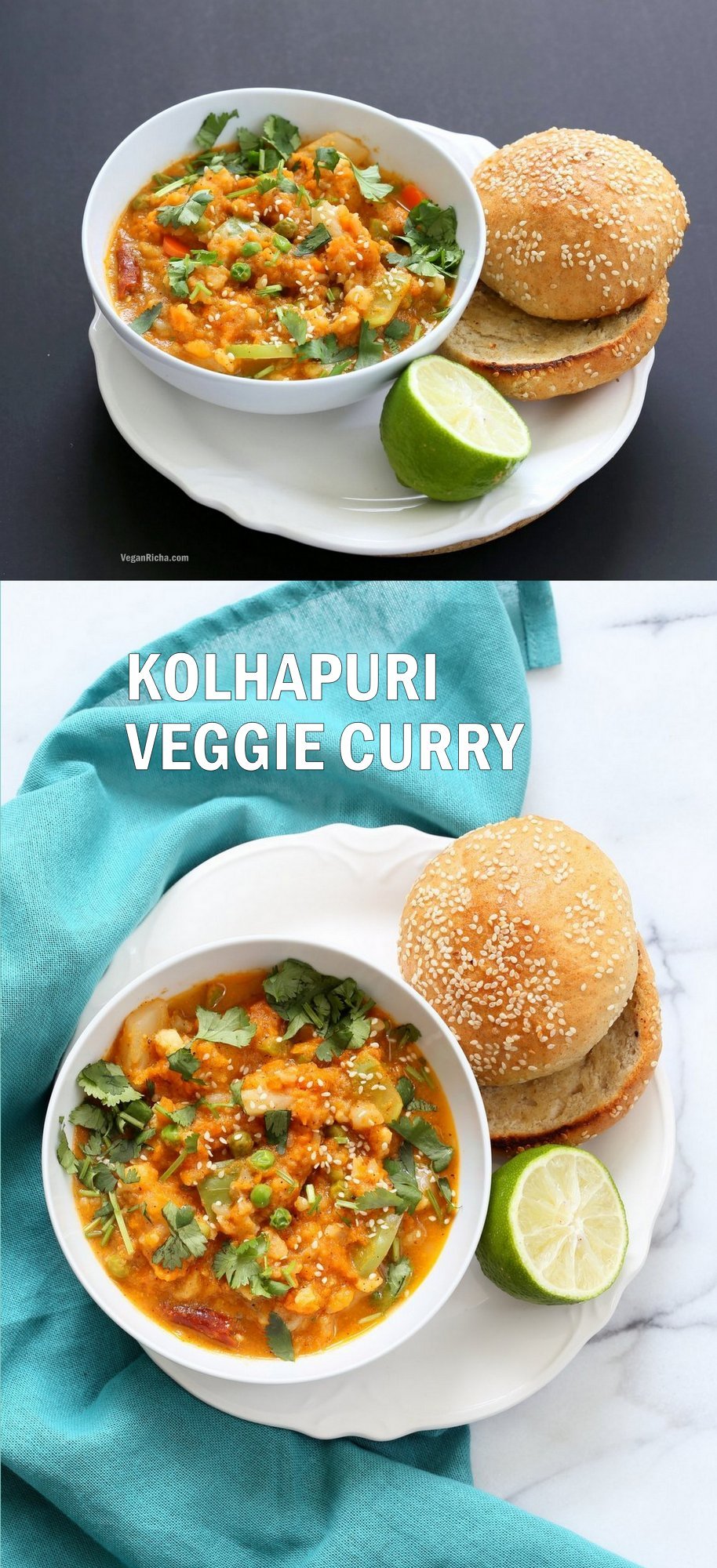 Veg Kolhapuri Recipe - Veggies in Sesame Coconut Tomato Kolhapuri Sauce. Use up the leftover veggies in this flavorful sauce. Anything goes. Add cooked beans for added protein. #Vegan #Glutenfree #Soyfree #Nutfree #veganricha #Recipe. | VeganRicha.com