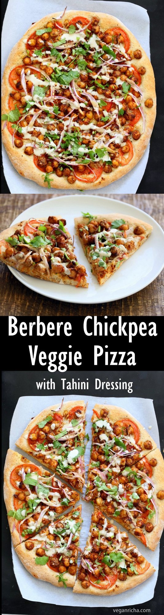 Ethiopian Berbere Chickpea Pizza with Tahini Garlic Dressing. Amazingly flavorful pizza. Dress with tahini dressing, vegan ranch or other creamy dressing. #Vegan #Soyfree #Nutfree #Recipe. #Glutenfree Crust option #veganricha | VeganRicha.com