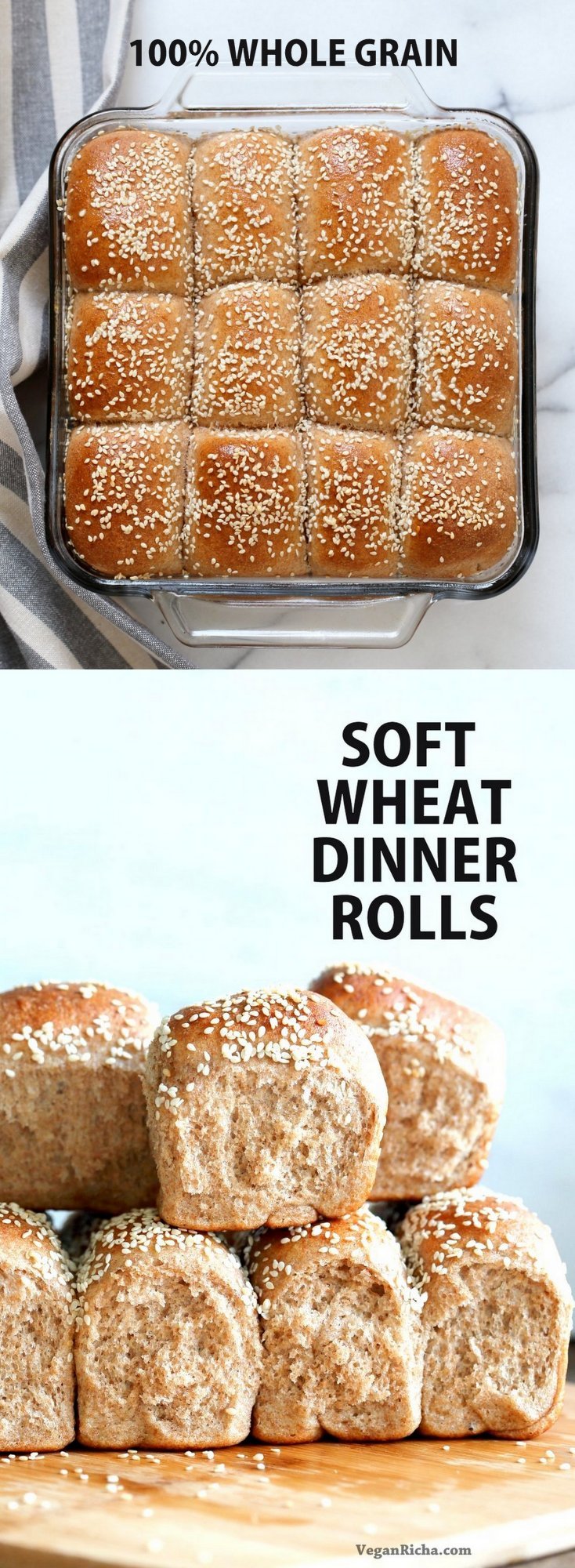 Soft Whole Wheat Dinner Rolls. Moist and soft Whole wheat Rolls 100% Whole grain rolls. Use as Wheat Buns for Burgers or Sliders. #Vegan #WholeGrain #Dinner #Rolls #buns. Soy-free Palm Oil-free #Recipe #veganricha | VeganRicha.com