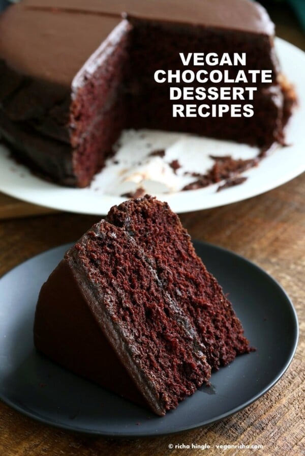 Vegan Chocolate Dessert Recipes. Easy Chocolate Cake, Brownies, Chocolate Chip Cookies, Chocolate Mousse, Chia Chocolate Shake, Marble Chocolate Cake, Chocolate Silk Pie and More. Vegan Chocolate Recipes for Valentines Day #vegan #veganricha #valentinesday | VeganRicha.com
