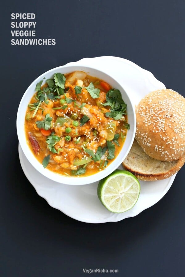 Veg Kolhapuri Recipe - Veggies in Sesame Coconut Tomato Kolhapuri Sauce. Use up the leftover veggies in this flavorful sauce. Anything goes. Add cooked beans for added protein. #Vegan #Glutenfree #Soyfree #Nutfree #veganricha #Recipe. | VeganRicha.com