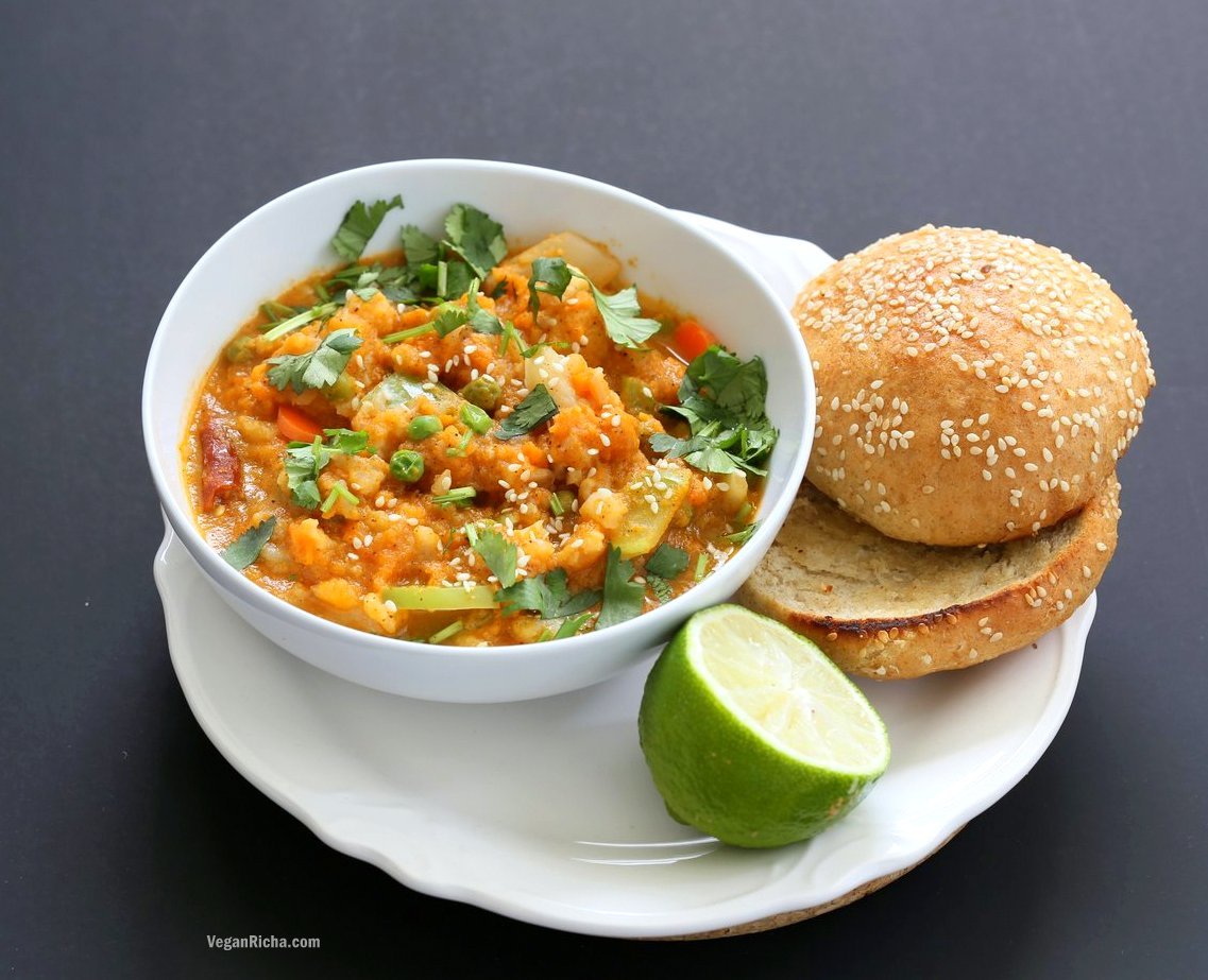 Veg Kolhapuri Recipe - Veggies in Sesame Coconut Tomato Kolhapuri Sauce. Use up the leftover veggies in this flavorful sauce. Anything goes. Add cooked beans for added protein. #Vegan #Glutenfree #Soyfree #Nutfree #veganricha #Recipe. | VeganRicha.com