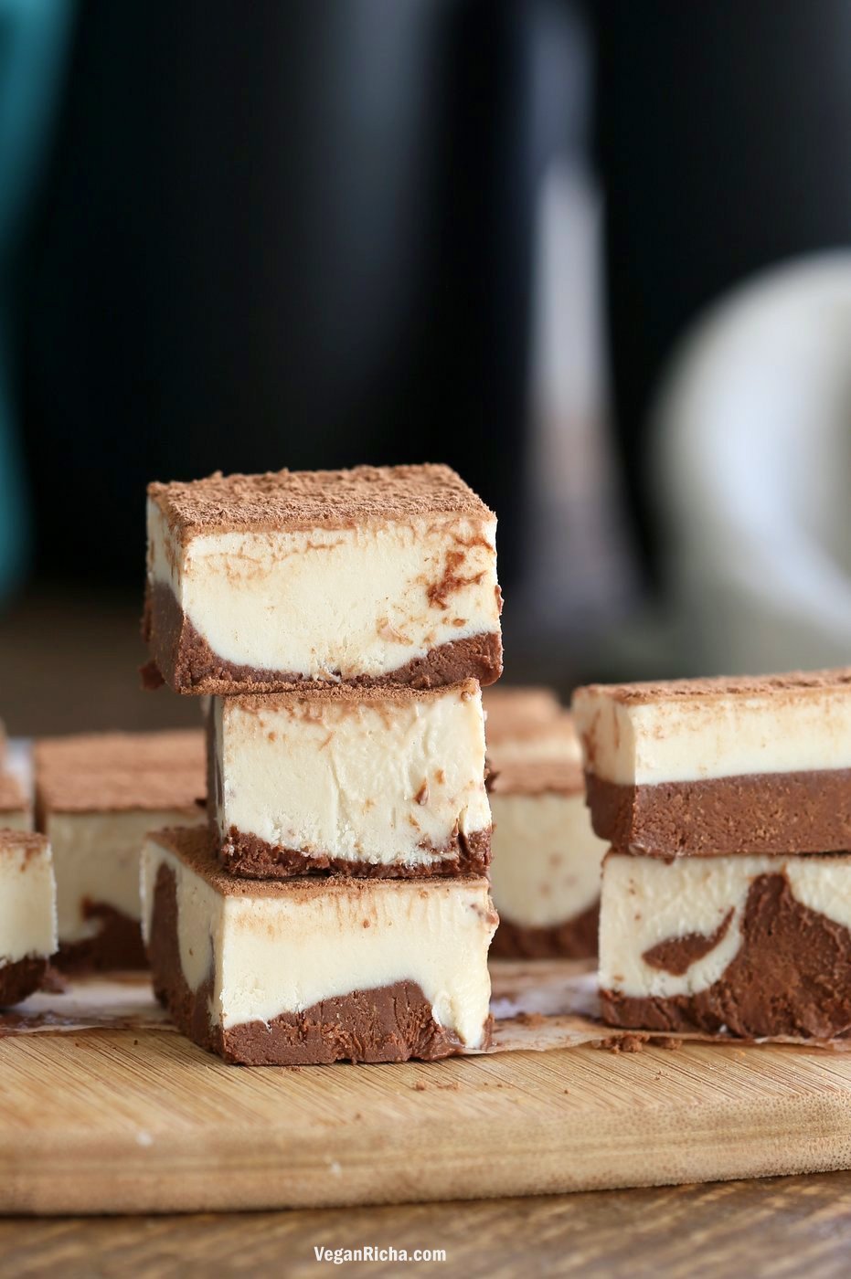 Tiramisu Fudge Bars with creamy cashew vegan mascarpone layered with cocoa coffee cream. These freezer fudge bars are easy and dreamy. Vegan Gluten-free Soy-free Recipe | VeganRicha.com