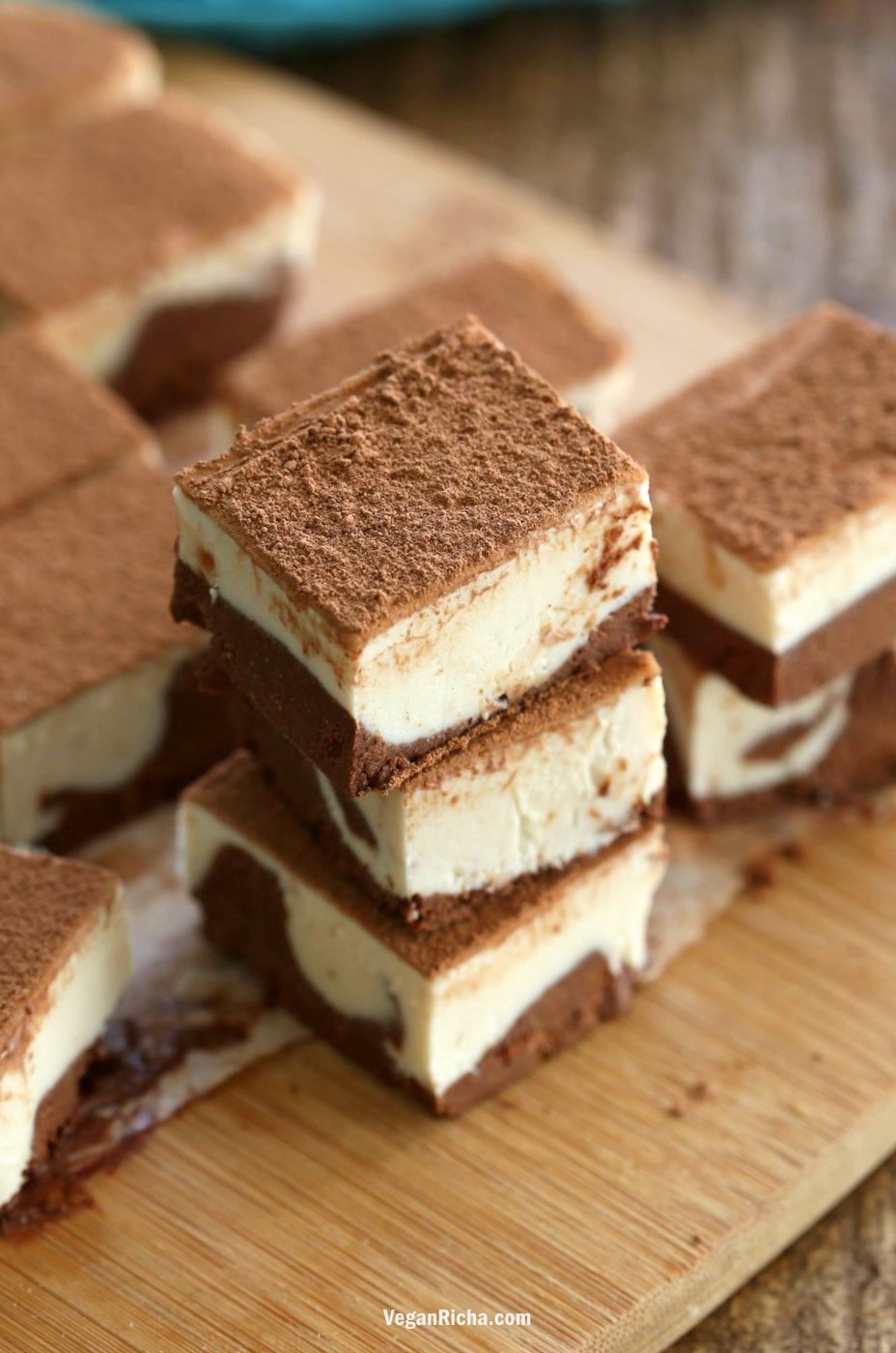 Tiramisu Fudge Bars with creamy cashew vegan mascarpone layered with cocoa coffee cream. These freezer fudge bars are easy and dreamy. Vegan Gluten-free Soy-free Recipe | VeganRicha.com