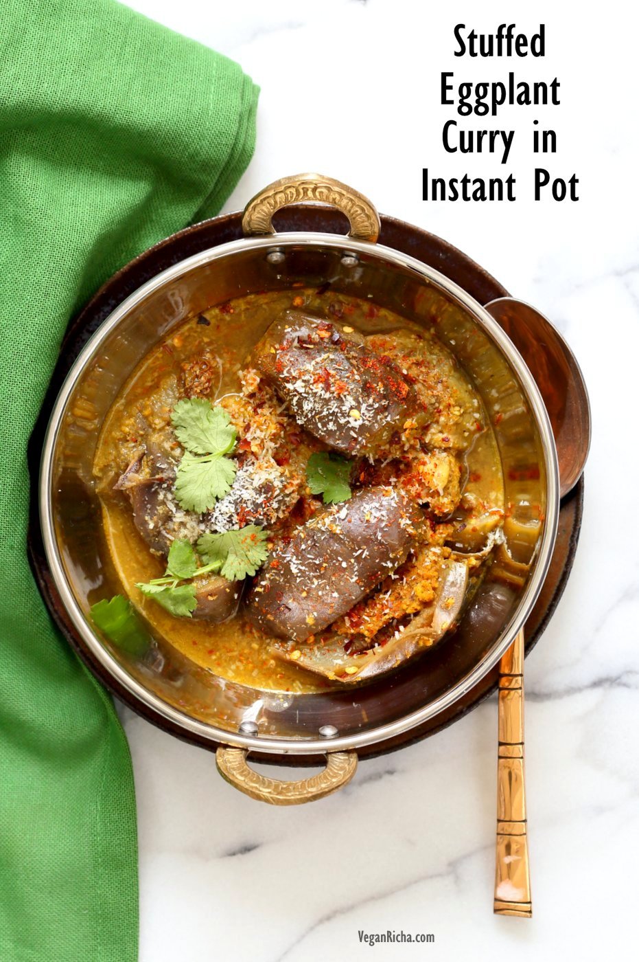 Instant Pot Masala Eggplant Curry. Pressure cooked Indian Baghare baingan. Stuffed Baby Eggplant Curry. #Vegan #Glutenfree #Soyfree #Recipe #veganricha | VeganRicha.com