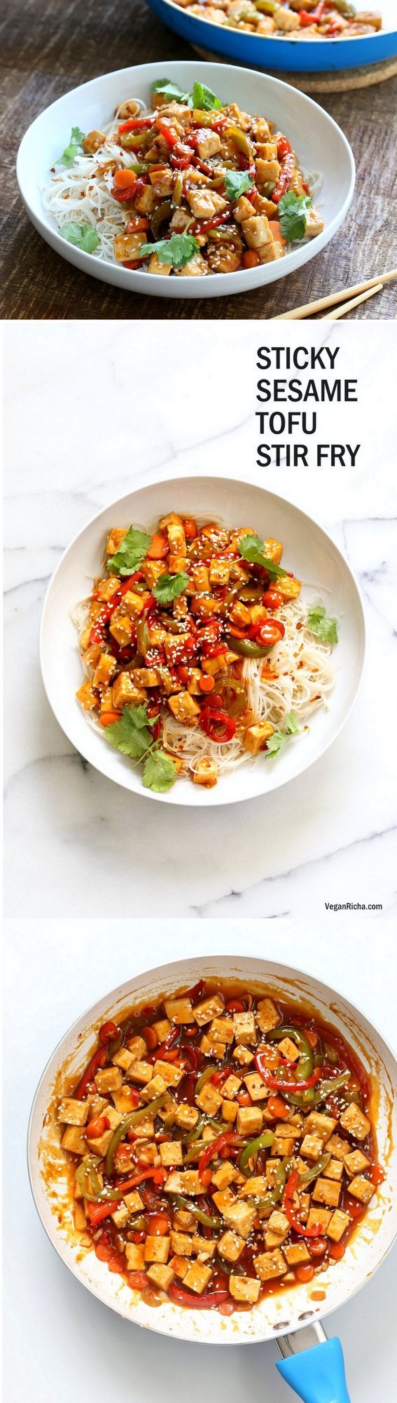 Sticky Ginger Sesame Tofu and Veggie stir fry with vermicelli or maifun noodles. Easy weekday Dinner. #Vegan #Glutenfree #nutfree #Recipe #veganricha. Use chickpeas or more veggies to make Tofu-free | VeganRicha.com