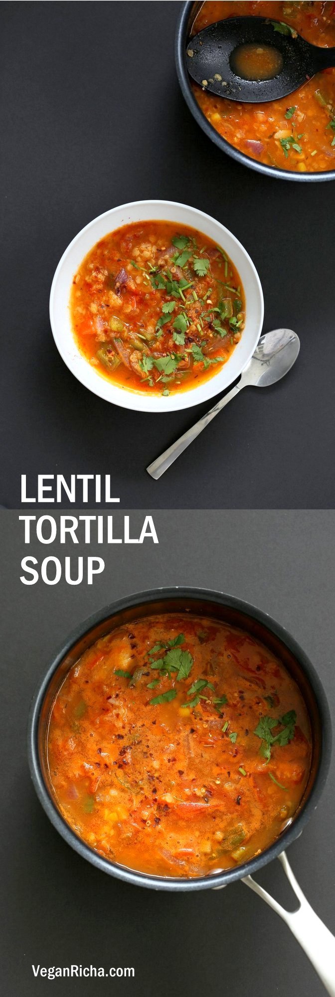 Easy Tortilla Soup with Red lentils. 1 Pot 30 minutes! Add veggies of choice, garnish with tortilla chips or avocado. #Vegan #Glutenfree #Soyfree #Nutfree #Recipe #Vegetarian #TortillaSoup #veganricha | VeganRicha.com