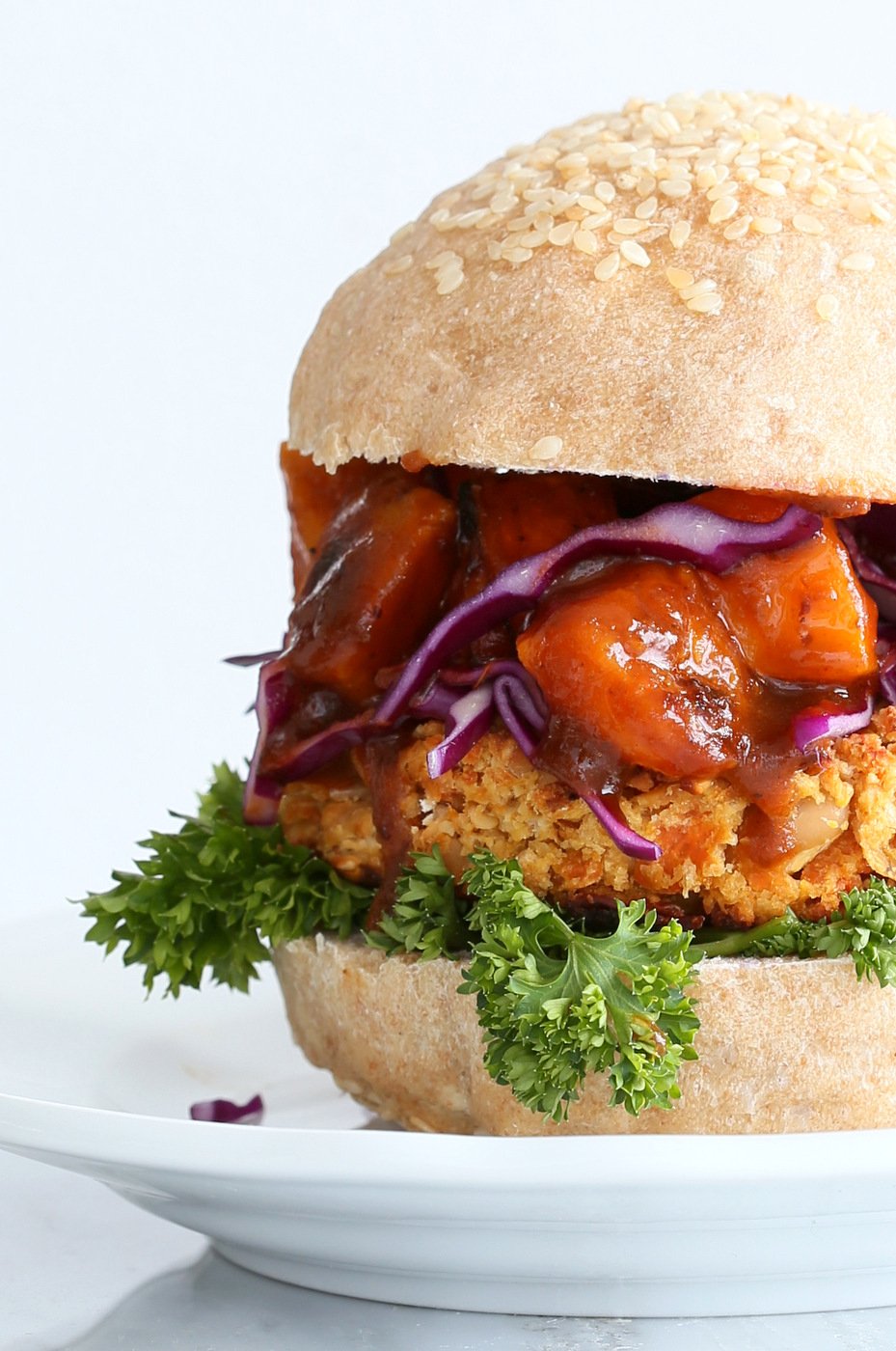 White Bean Burgers with Carrots, Peanuts and thai flavors. Topped with sweet and sour Butternut squash. Asian Peanut Bean Burgers. Vegan Gluten free Option | VeganRicha.com