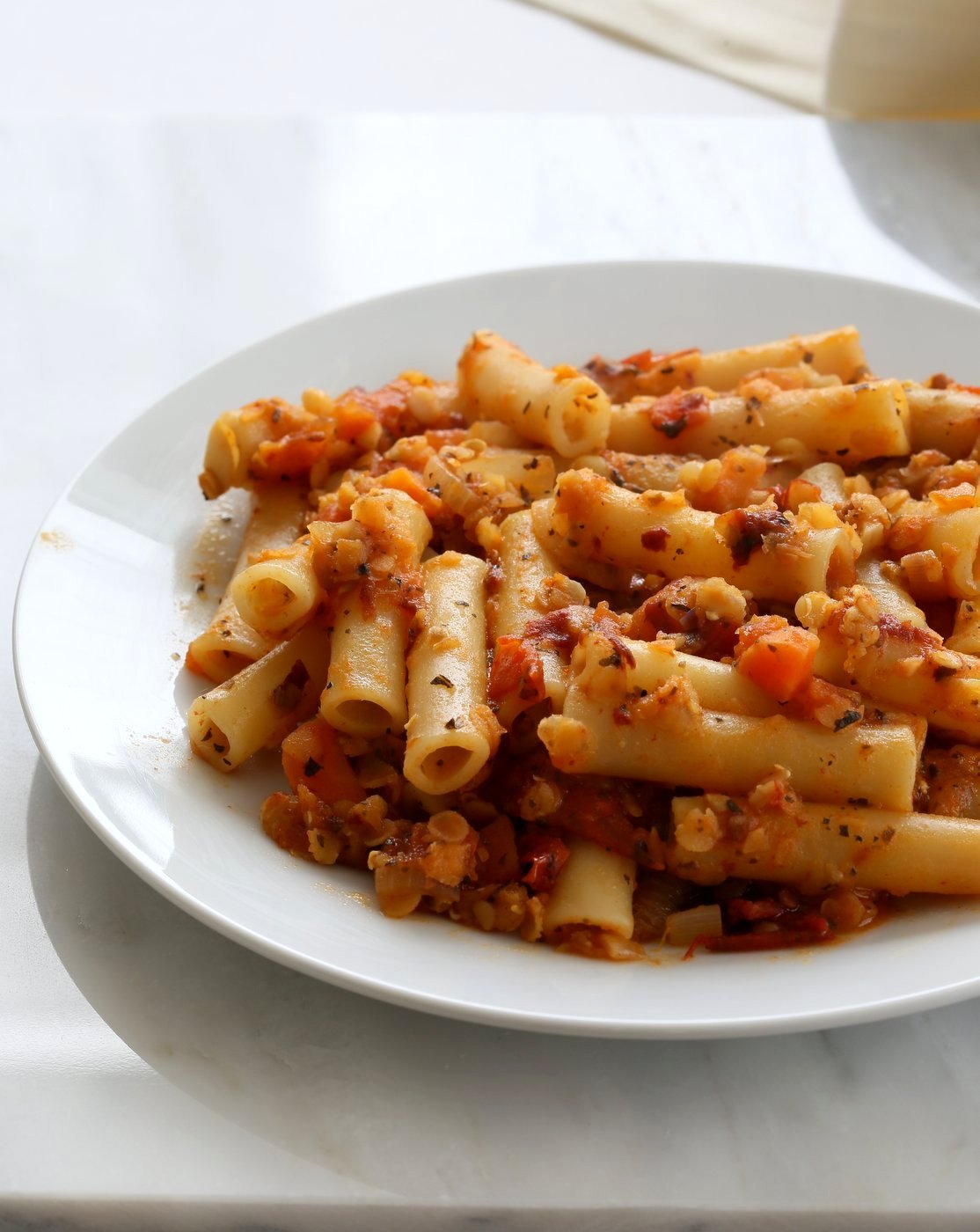 25 Minute Weeknight Pasta. Ziti with Chipotle Lentil Tomato Sauce. Smoky Chipotle and lentils in the pasta sauce make it a flavorful and filling meal. Vegan Soyfree Recipe. Easily glutenfree with GF pasta. | VeganRicha.com