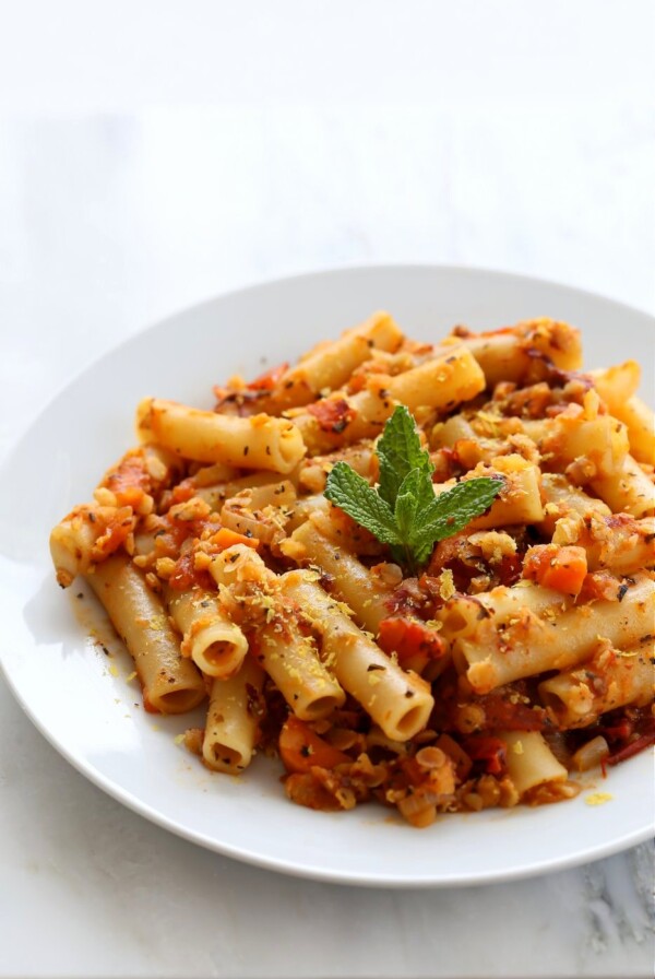 25 Minute Weeknight Pasta. Ziti with Chipotle Lentil Tomato Sauce. Smoky Chipotle and lentils in the pasta sauce make it a flavorful and filling meal. Vegan Soyfree Recipe. Easily glutenfree with GF pasta. | VeganRicha.com