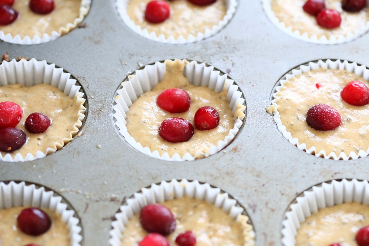 Easy Orange Chia Cranberry Muffins. These breakfast Muffins are simple and full of flavor. Blend up the wet and dry in a blender, pour and bake. Vegan Nut-free Soy-free Recipe. Makes 11 to 12 muffins | VeganRicha.com