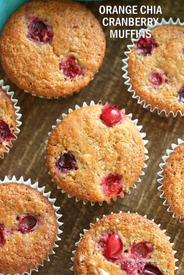 Easy Orange Chia Cranberry Muffins. These breakfast Muffins are simple and full of flavor. Blend up the wet and dry in a blender, pour and bake. Vegan Nut-free Soy-free Recipe. Makes 11 to 12 muffins | VeganRicha.com