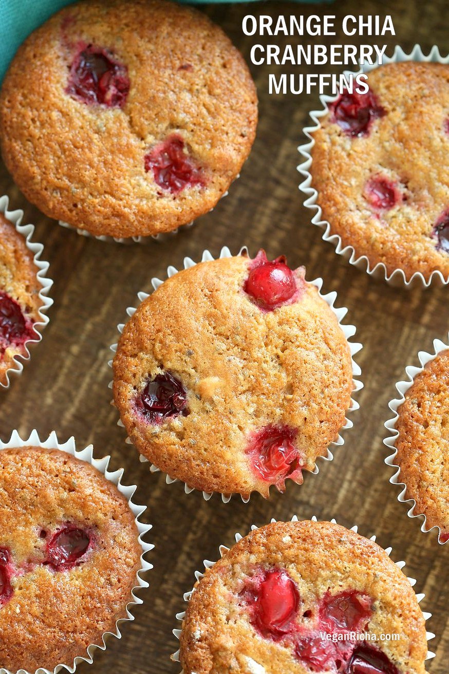 Easy Chia Orange Cranberry Muffins. These breakfast Muffins are simple and full of flavor. Blend up the wet and dry in a blender, pour and bake. Vegan Nut-free Soy-free Recipe. Makes 11 to 12 muffins 1 Bowl or Blender, 6 Main Ingredients | VeganRicha.com