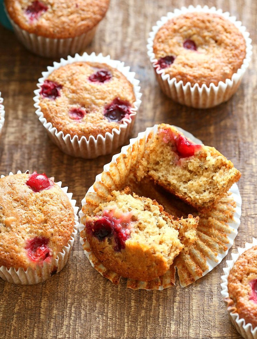 Easy Orange Chia Cranberry Muffins. These breakfast Muffins are simple and full of flavor. Blend up the wet and dry in a blender, pour and bake. Vegan Nut-free Soy-free Recipe. Makes 11 to 12 muffins | VeganRicha.com