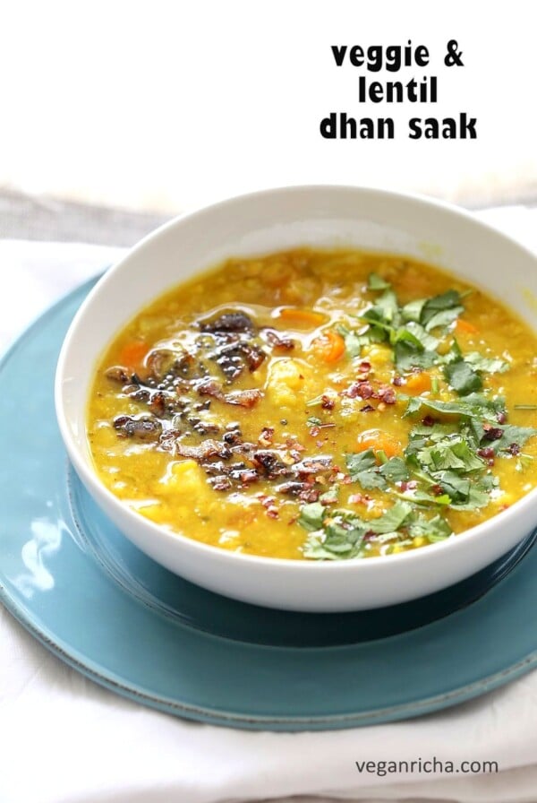Lentil Veggie Dhansak. Dal and vegetables cooked with spices. Parsi dhansak Recipe. Serve over rice or flatbread or garlic bread. Vegan Gluten-free Indian Recipe | VeganRicha.com