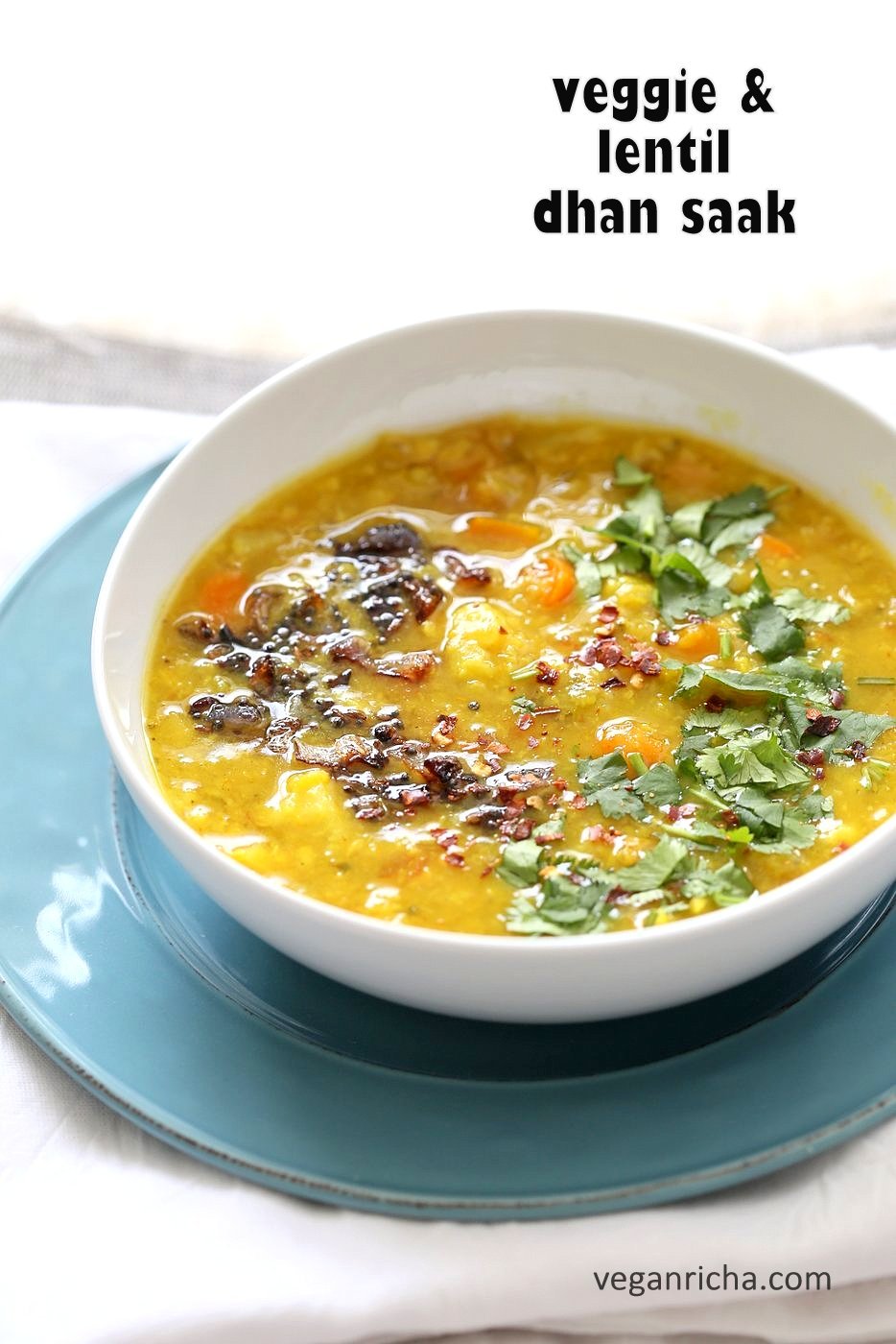 Lentil Veggie Dhansak. Dal and vegetables cooked with spices. Parsi dhansak Recipe. Cook in Instant Pot Pressure Cooker or Saucepan. Serve over rice or flatbread or garlic bread. Vegan Gluten-free Indian Recipe | VeganRicha.com