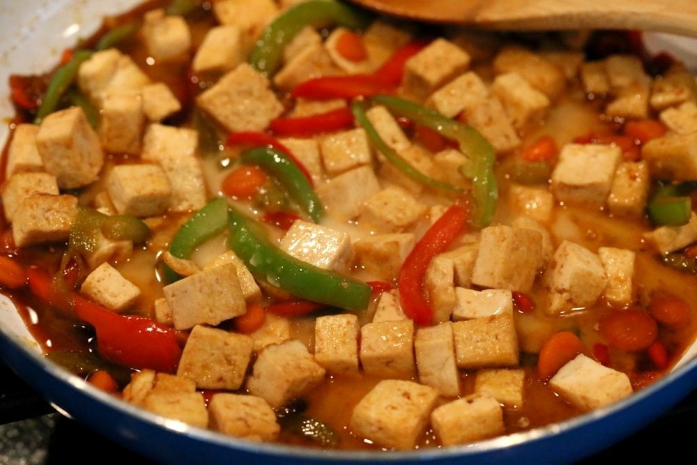 Sticky Ginger Sesame Tofu and Veggie stir fry with vermicelli or maifun noodles. Easy weekday Dinner. Vegan Gluten-free nut-free Recipe. Use chickpeas or more veggies to make Tofu-free | VeganRicha.com