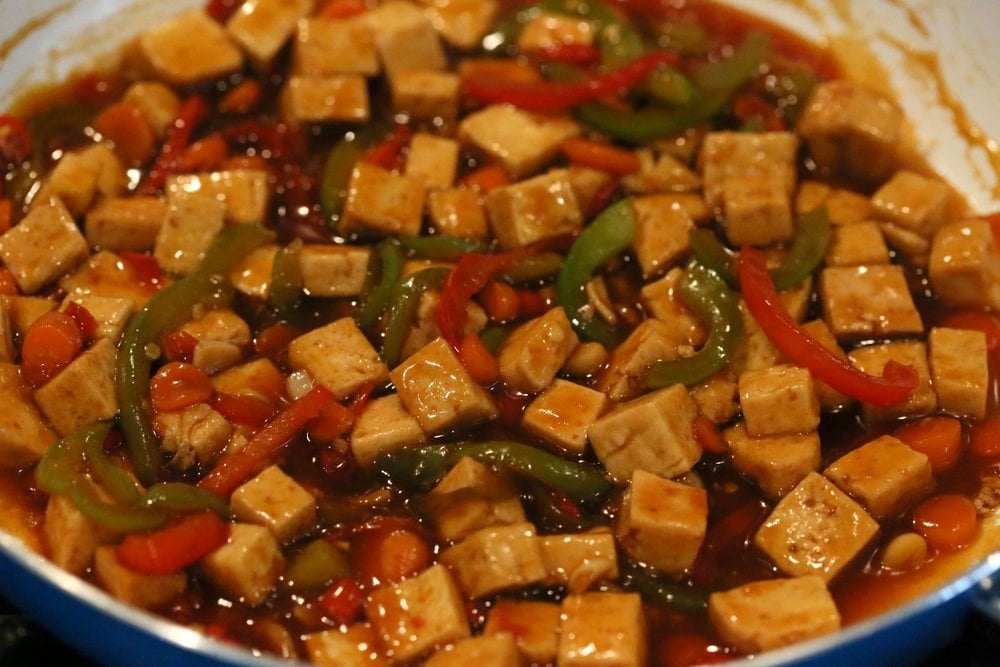 Sticky Ginger Sesame Tofu and Veggie stir fry with vermicelli or maifun noodles. Easy weekday Dinner. Vegan Gluten-free nut-free Recipe. Use chickpeas or more veggies to make Tofu-free | VeganRicha.com