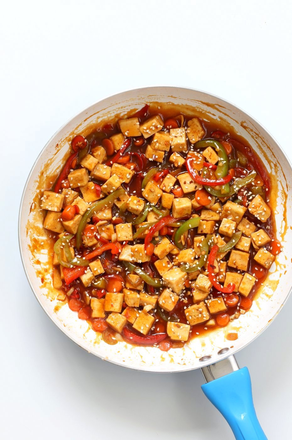 Sticky Ginger Sesame Tofu and Veggie stir fry with vermicelli or maifun noodles. Easy weekday Dinner. Vegan Gluten-free nut-free Recipe. Use chickpeas or more veggies to make Tofu-free | VeganRicha.com
