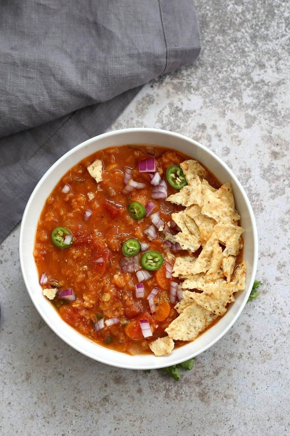 Easy Tortilla Soup with Red lentils. 1 Pot 30 Minutes! Make it in a saucepan or Instant Pot. Add veggies of choice, garnish with tortilla chips or avocado. Vegan Gluten-free Soy-free Nut-free Recipe. | VeganRicha.com