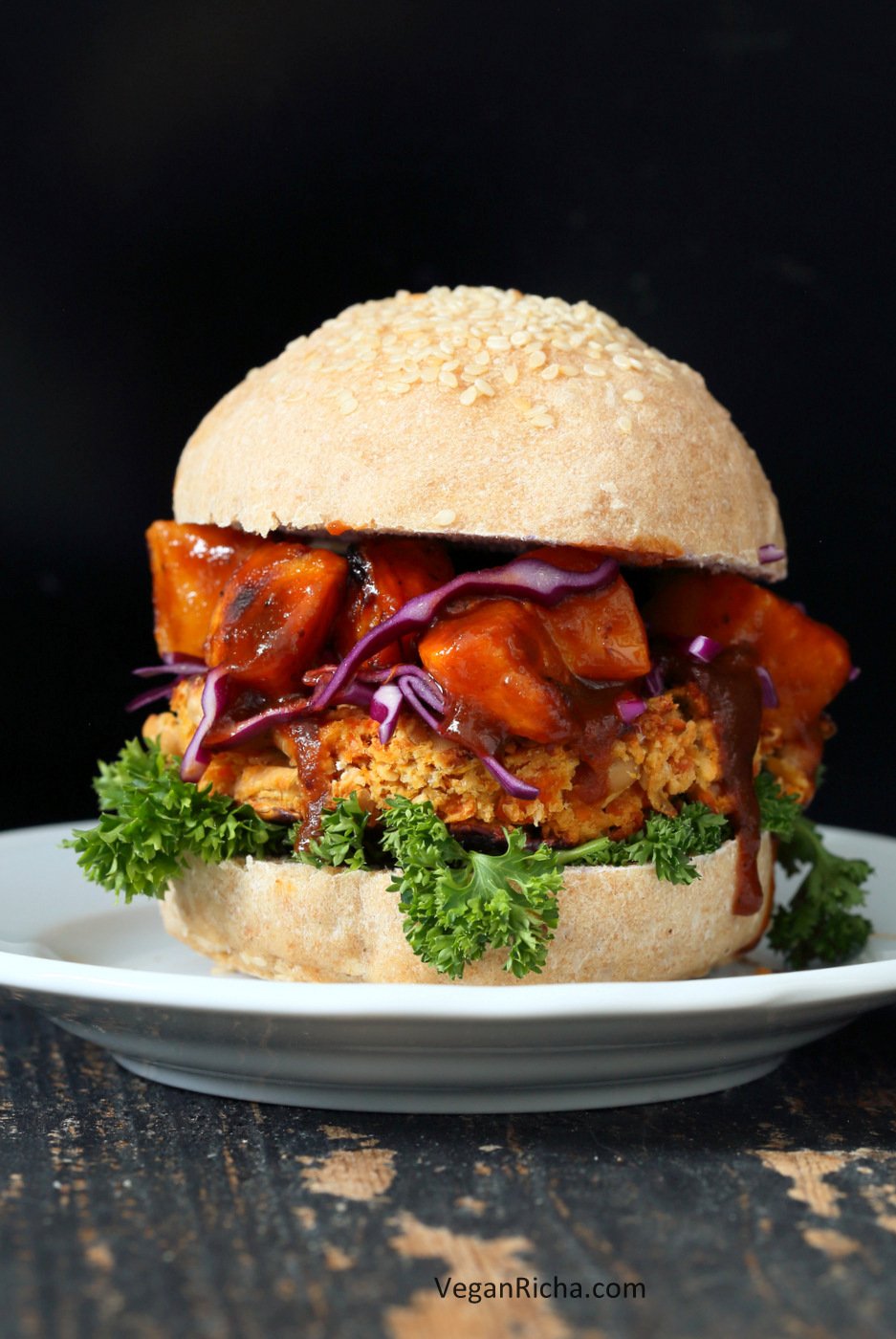 White Bean Burgers with Carrots, Peanuts and thai flavors. Topped with sweet and sour Butternut squash. Asian Peanut Bean Burgers. Vegan Gluten free Option | VeganRicha.com