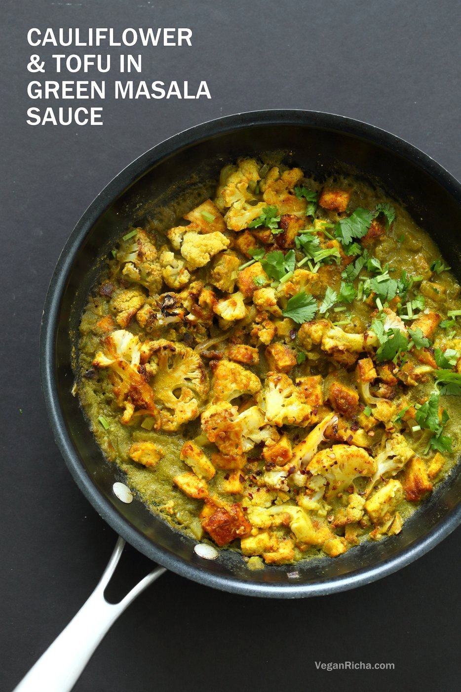Spiced Cauliflower and Tofu in Green Masala Sauce. Baked Cauliflower and Tofu in green cilantro sauce. The sauce paste can be made ahead and stored. #Vegan #Glutenfree #Nutfree #veganricha #Recipe. Can be soy-free with chickpea tofu or chickpeas or beans or other veggies. | VeganRicha.com