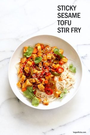 Sticky Ginger Sesame Tofu and Veggie stir fry with vermicelli or maifun noodles. Easy weekday Dinner. Vegan Gluten-free nut-free Recipe. Use chickpeas or more veggies to make Tofu-free | VeganRicha.com